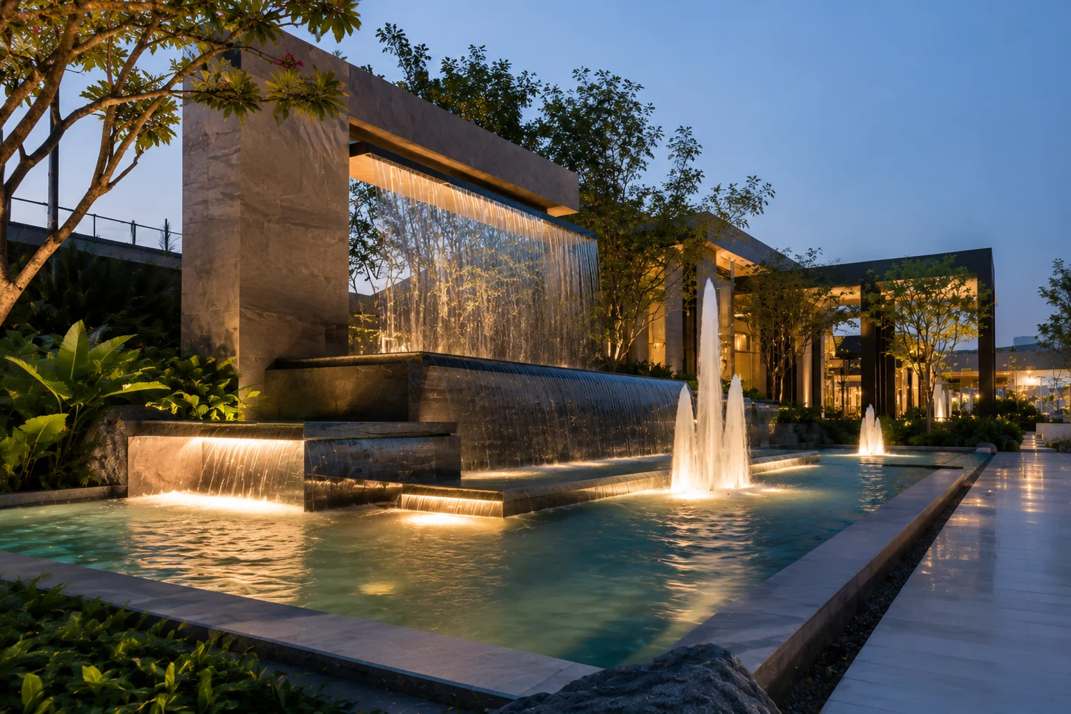 Built water feature with waterfalls