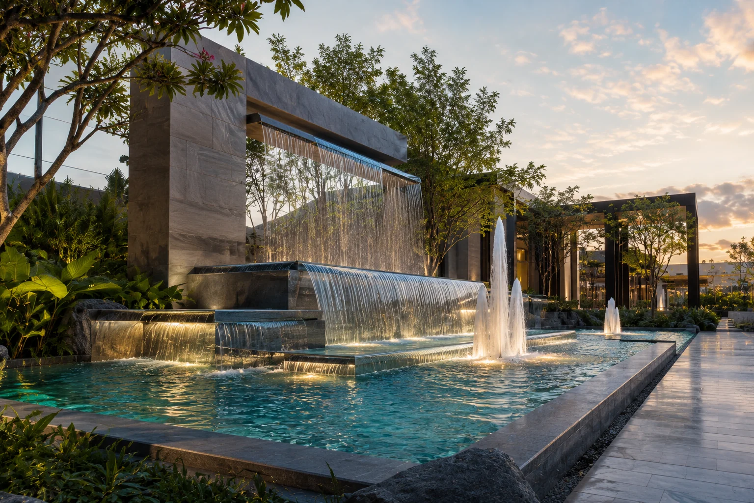 Architectural render of water features and waterfalls